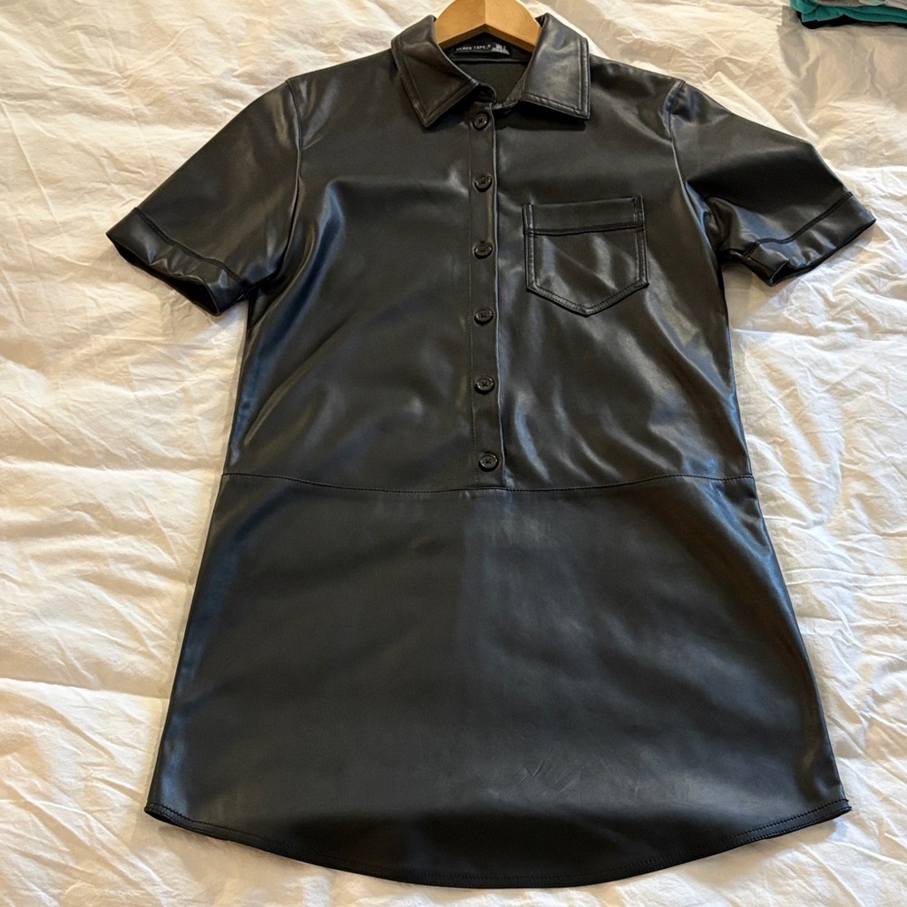 Sleek Black Button-Down Faux Leather Dress